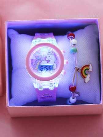 2st Lysande Unicorn Quartz Jelly Watch Set för flickor, kommer med Rainbow Star Armband
