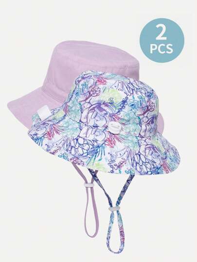 2入組兒童純色和蝴蝶印花調節式防曬透氣漏斗帽，適用於戶外活動和日常使用