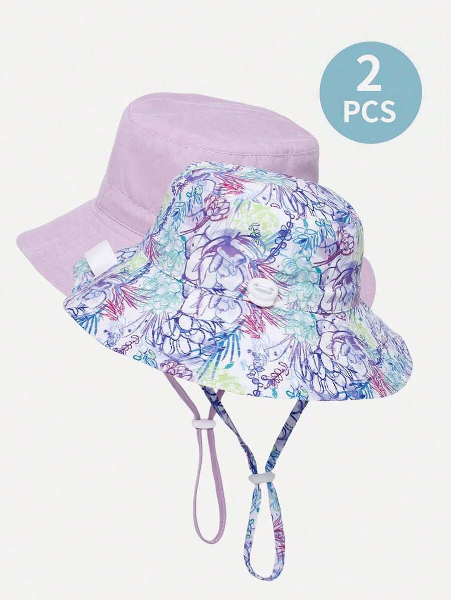 2pcs Kids Solid Color & Butterfly Print Adjustable Sun Protection Breathable Casual Bucket Hats For Outdoor Travel And Daily Wear - Multicolor - View 1