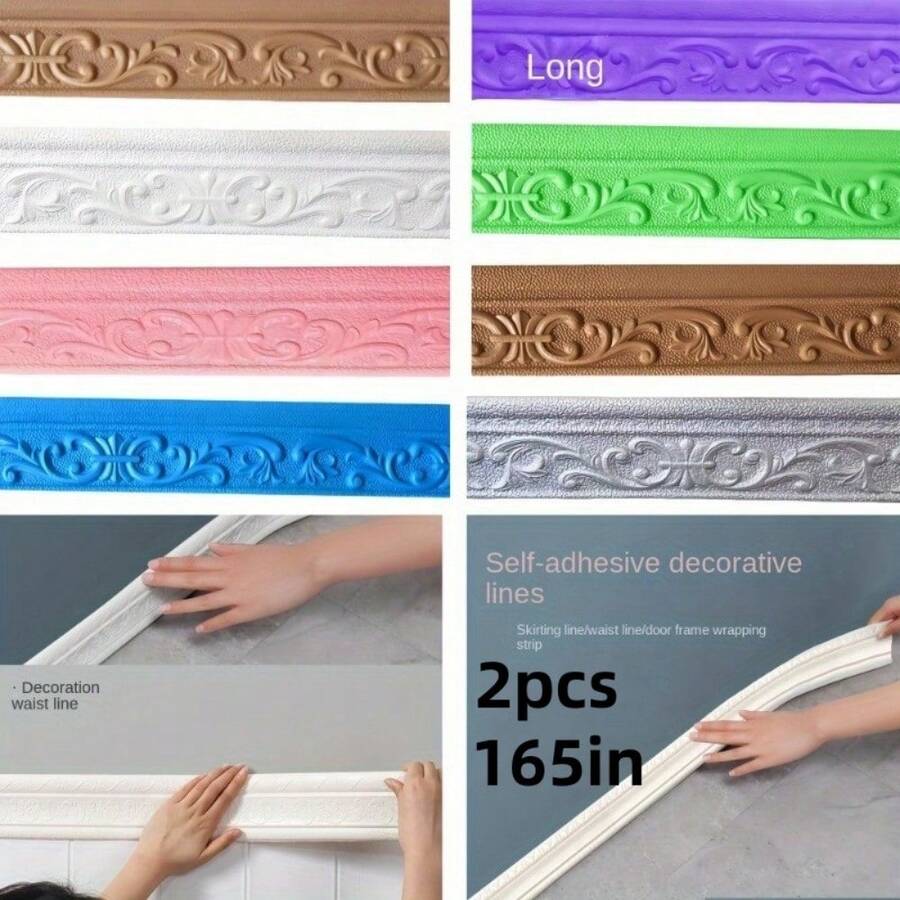 2pcs European Style Patterned Adhesive Skirting Line, Waterproof Wall Border Strip, 3D Decorative Door Frame Edge Sticker, Wall Decoration Wainscoting - Multicolor - View 1
