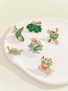 6入組可愛時尚元素鄉村節日風格荷花和平扣粽子中性胸針，適合日常節日宴會穿著的校袋裝飾物 - 彩色 - 查看 1