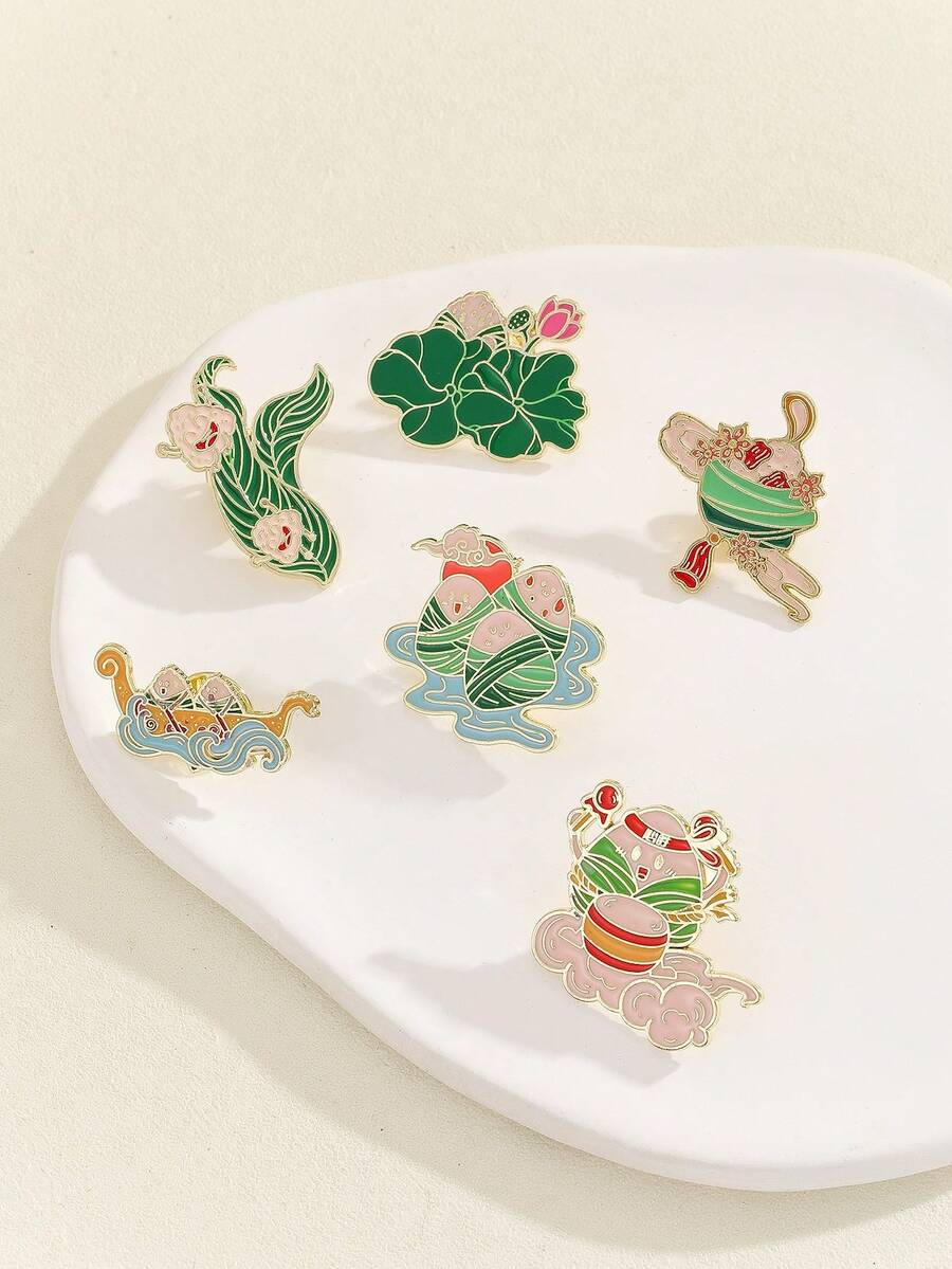 6入組可愛時尚元素鄉村節日風格荷花和平扣粽子中性胸針，適合日常節日宴會穿著的校袋裝飾物 - 彩色 - 查看 1