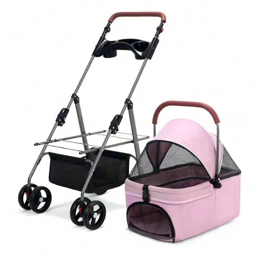 Foldable Pet Stroller For Cats/Dogs, Height Adjustable Handle, Frame And Portable Basket Can Be Separated, Safety Tether, Storage Basket + Cup Holder, 4 Colors