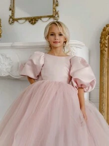Tween Girl Bowknot Back Deep V Puff Sleeve Mesh Tulle Princess Dress, Suitable For Birthday Party, Easter, Wedding, Flower Girl, Prom, Holiday Occasion - Pink - View 2