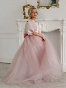 Tween Girl Bowknot Back Deep V Puff Sleeve Mesh Tulle Princess Dress, Suitable For Birthday Party, Easter, Wedding, Flower Girl, Prom, Holiday Occasion - Pink - View 3