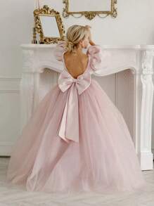 Tween Girl Bowknot Back Deep V Puff Sleeve Mesh Tulle Princess Dress, Suitable For Birthday Party, Easter, Wedding, Flower Girl, Prom, Holiday Occasion - Pink - View 1