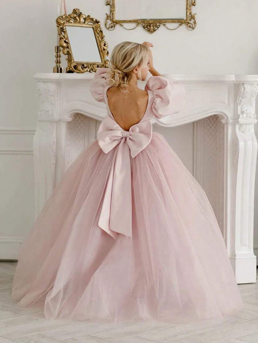 Tween Girl Bowknot Back Deep V Puff Sleeve Mesh Tulle Princess Dress, Suitable For Birthday Party, Easter, Wedding, Flower Girl, Prom, Holiday Occasion - Pink - View 1