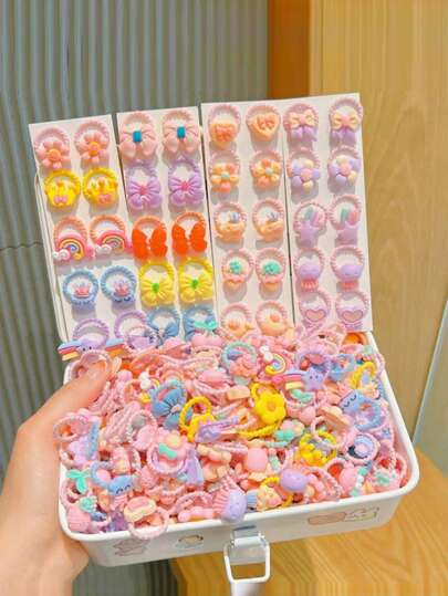 50pcs Girls' Random Style Small Hair Tie Set With Fruit, Flower, Cartoon Design, Everyday Hair Accessories Packaged In OPP Bags