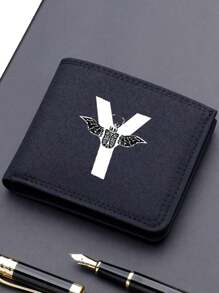 1pc Fashionable Unisex Wallet Convenient Black Canvas Card Holder 26-Letter Double Fold Short Wallet, Best Friend Gift - Black - View 19