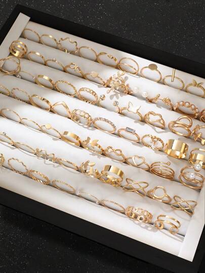 66/22pcs Heart, Butterfly, Flower, Leaf, Star, Rhinestone, Faux Pearl, Geometric, Wave, Twisted, Circle Pendant Rings Set For Layering, Cute, Fashion, Elegant, Vintage, Holiday, Party, Daily Wear (No Box)