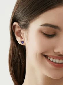 ESBERRY 1pair Birthstone Hearth Stud Earrings s925 Sterling Silver Cubic Zirconia 12 Month Dainty Stud Earring Fine Jewelry Birthday Gift For Women For Dating - Silver - View 3