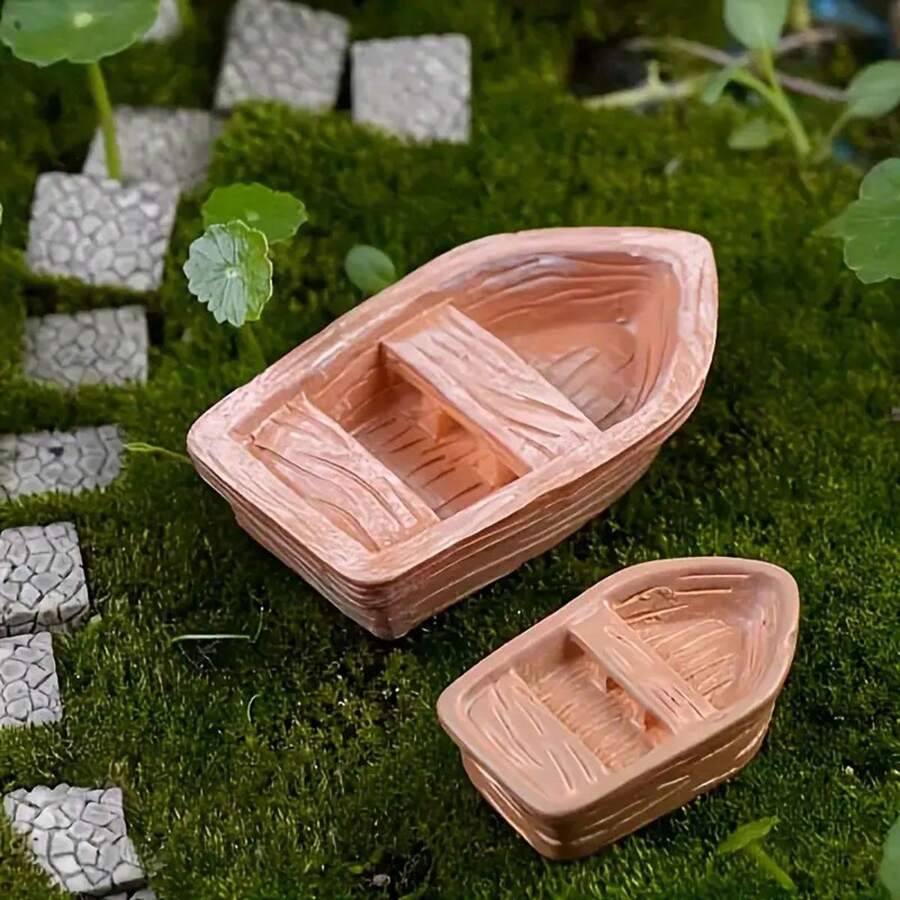 1 Set,2pcs Miniature Resin Boat Figurine, Fairy Garden Accessory, Decorative Micro Landscape Ornament, Aquarium Terrarium Decor, Rustic Brown Ornament - Multicolor - View 1