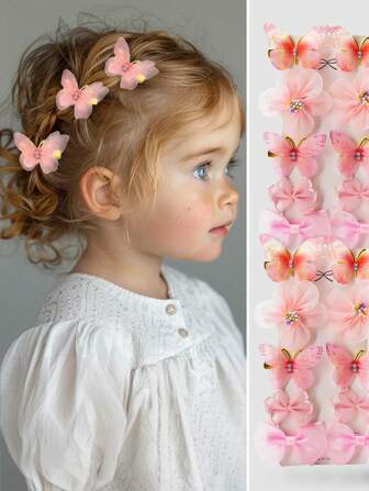 10pcs Girls' Pink Mesh Double-Layer Simulated Butterfly Flower Bowknot Princess Hairpin Hair Clip Hair Accessories For Baby Daily Use