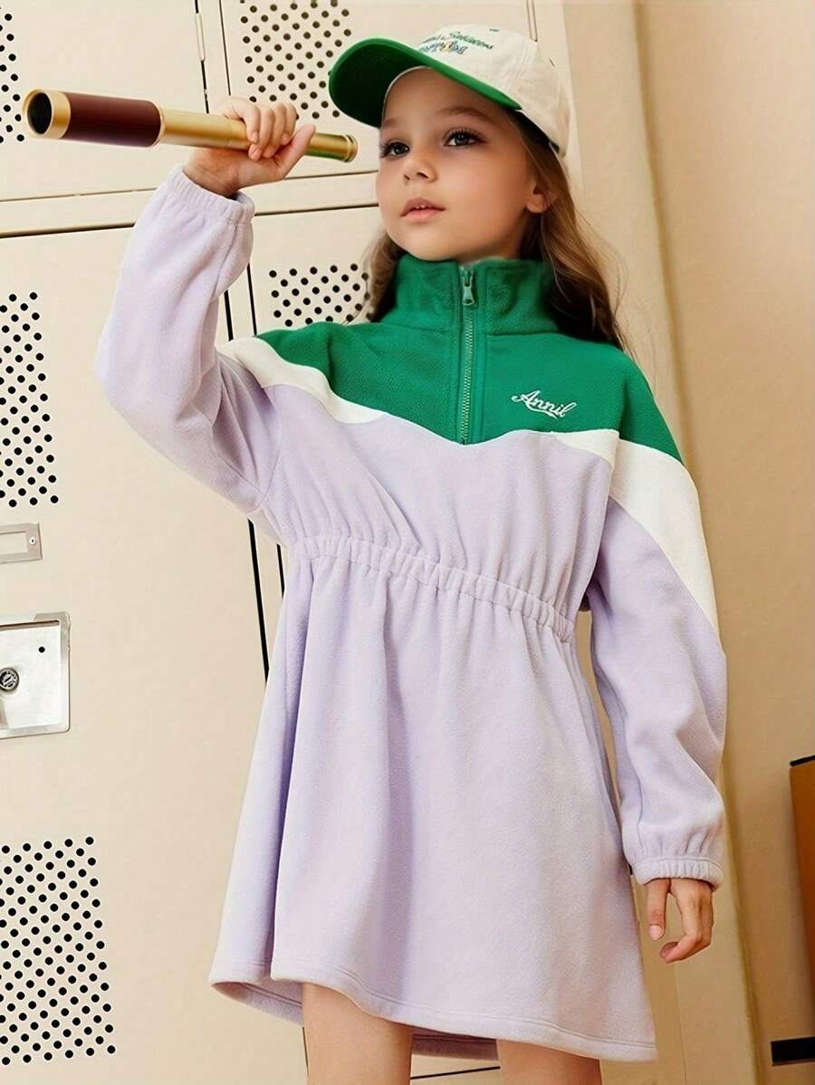 Annil Tween Girl Dresses Spring And Autumn Long Sleeved Fashionable Stand Collar Warm Contrast Color Stitching Dresses