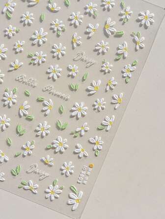 1Sheet 5D Soft Embossed Relief Nail Stickers Cute Daisies Self Adhesive Slider Stickers Press On Nails DIY Japanese Nail Art Decoration Decals