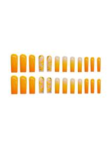 24 piezas Uñas postizas de estilo de pétalos de flores en degradado de naranja con forma de ataúd 3D, uñas postizas adecuadas para mujeres y niñas para suministros diarios de uñas uñas falsas uña falsa uña acrílica