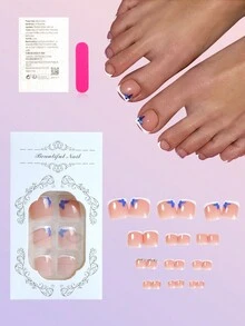 24 piezas de uñas postizas cuadradas cortas rosa con diseño de mariposas azul francés con piedritas brillantes, cubierta completa brillante para uso diario para mujeres y niñas - Multicolor - Ver 2