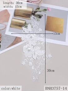 BNH3757 Handmade 3D Lace Mesh Embroidery Hotfix Rhinestone Sticker Bead Sequin DIY Clothing Apparel Accessory/Length:28cm/Width:14cm - White - View 7