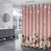 1/4pcs Sparkling Rhinestone Shower Curtain Bathroom Set - Pink Blue Flower Shower Curtain, Bathroom Floor Mat Non Slip Mat, Bathroom Accessories Decoration, Comes With 12 Plastic Hooks, 70.8 "Wx70.8" H Home Bathroom Decor Fall Decor Back To School - Multicolor - View 14