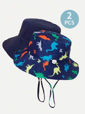 2 peças Boné Bucket Infantil Ajustável com cor sólida e Estampa de Dinossauro para Proteção Solar e Respirabilidade em Atividades ao Ar Livre e Uso Diário