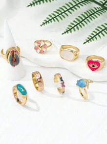 Bộ 8 chiếc/bộ Y2K Vỏ sò nhiều màu sắc, Bướm, Trái tim, Hoa, Nhẫn cá heo, Họa tiết ngẫu nhiên, Thiết yếu cho các cô gái ngọt ngào và sành điệu Ngày lễ tình nhân, Mẹ, Mẹ, Ngày của Mẹ, Quà tặng - Đầy màu sắc - Xem 11