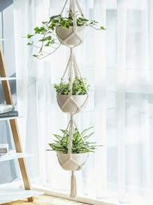 1 件装植物吊架室内悬挂花盆篮带木珠装饰花盆架无流苏适用于室内室外波西米亚风家居装饰 35 英寸，象牙色 - 米色 - 查看 2