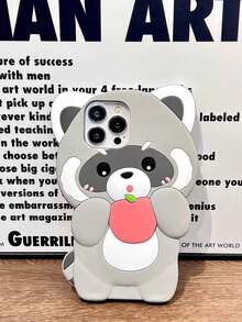 New Cute Cartoon Funny Peach-Eating Raccoon Silicone Full Coverage Anti-Drop Phone Case Compatible With Apple 11/12/13/14/15 PRO/PROMAX, Protective Cover - Grey - View 2