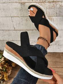 Women's Platform Wedge Heel Casual Beach Sandals, Ankle Strap With Weaving Belt, Multipurpose - Black - View 7