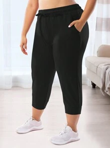 Plus Size Women 7/8 Length Sports Pants, Casual Fitness Joggers With Pockets Black Summer - Black - View 6