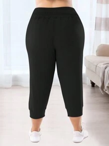 Plus Size Women 7/8 Length Sports Pants, Casual Fitness Joggers With Pockets Black Summer - Black - View 7