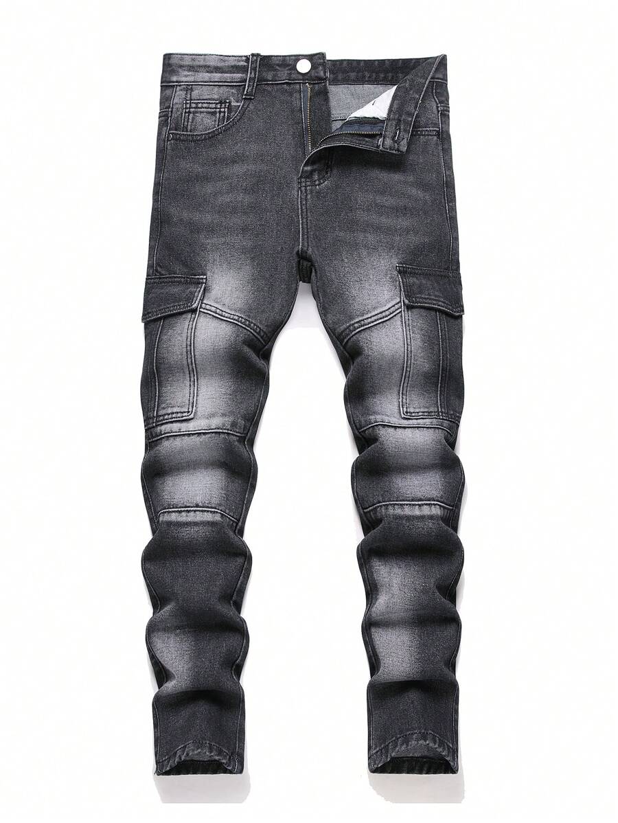 Teen Boy Black Side-Pocket Bone Design Straight Leg Jeans - Black - View 1