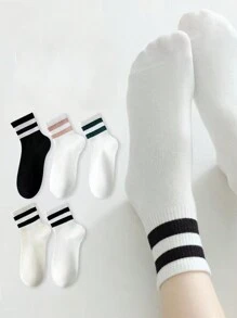 5 Pairs Women's Simple Style Double-Bar Fashion Mid-Calf Socks For All Seasons, Fall - Multicolor - View 2