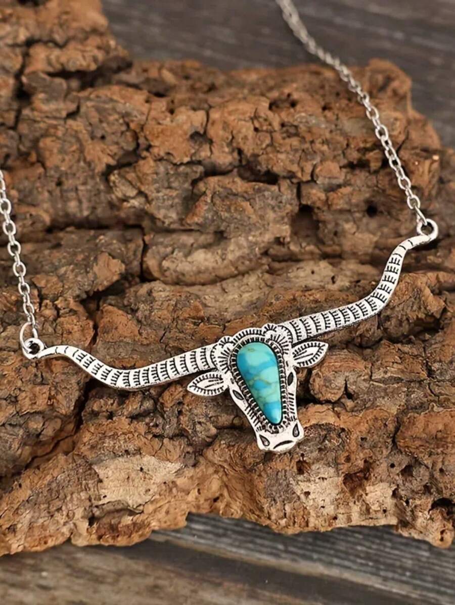 Turquoise Decor Necklace - Silver - View 1