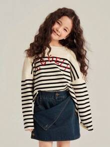Young Girl Knit Versatile Top With Embroidered Striped Sweater - Multicolor - View 7