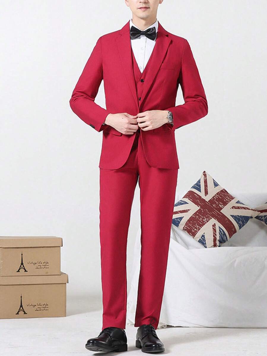 Traje De Fiesta De Boda 3 Piezas Traje Casual Para Hombre - Rojo - Ver 1