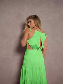 Roupas Femininas/ Vestido / longo / vazado / lateral / decotado/ camadas / alcinha EM9180-31 - Verde - Visão 2