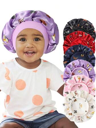 Awegeo 1pc Children's Bonnet Hat With Butterfly Print, Wide Brim, Elastic, Smooth & Silky Texture, Fashionable Sleep Cap, Casual, Comfortable, Soft, Breathable, Hair Cap