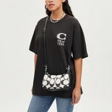 Coach Teri Hobo 经典帆布单肩包，顶部拉链设计，女士斜挎包，休闲经典包 CP068 SVCAH - 黑與白 - 查看 3