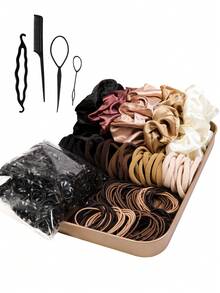 Lobaba 1pc Coffee-Colored Satin Hair Scrunchie With High Elasticity And Pure Black Elastic Band Braiding Tool, Multi-Functional Basic Hair Accessories Set - Multicolor - View 1