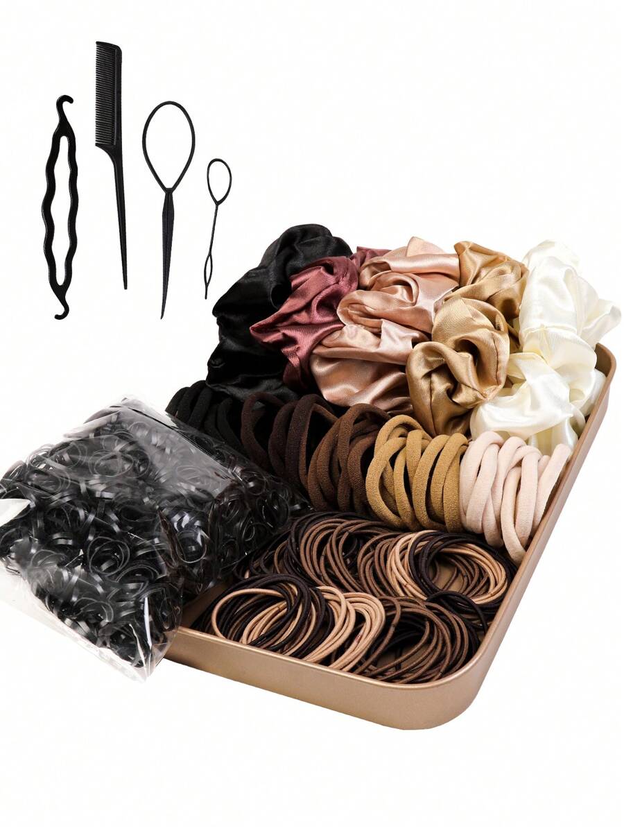 Lobaba 1pc Coffee-Colored Satin Hair Scrunchie With High Elasticity And Pure Black Elastic Band Braiding Tool, Multi-Functional Basic Hair Accessories Set - Multicolor - View 1