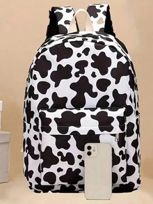 3入組牛印花時尚背包，具有大容量，包括保溫午餐袋和筆袋，輕便戶外旅行背包，多功能電腦手提背包，適合初中生的學院風返校書包 - 白色 - 查看 3