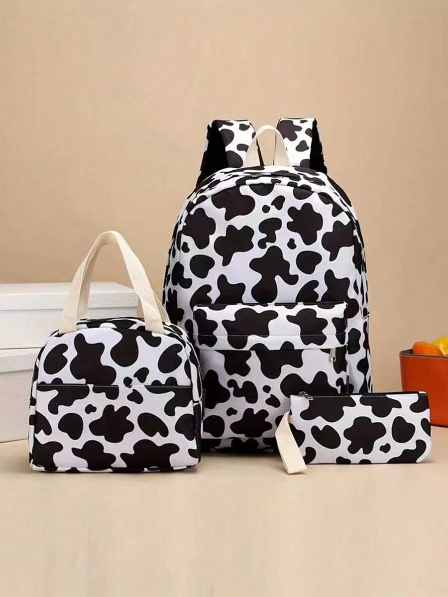 3入組牛印花時尚背包，具有大容量，包括保溫午餐袋和筆袋，輕便戶外旅行背包，多功能電腦手提背包，適合初中生的學院風返校書包 - 白色 - 查看 1