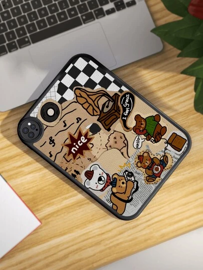 1件装音乐卡通熊世界拼贴图案平板电脑保护套，内置360°加厚防震第十代10.9英寸平板电脑保护套，便携式皮革10.2英寸平板电脑保护套