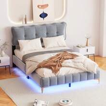 Somier de láminas de terciopelo, plataforma de madera, cama tapizada con cabecero, luces LED y pies de metal, somier de láminas moderno, colchón no incluido - Gris - Ver 1