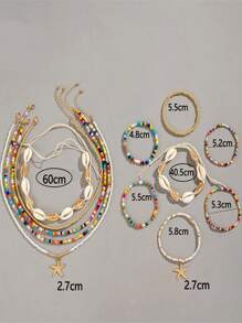 Un nuevo conjunto de 5 collares, 7 pulseras y 7 tobillos con cuentas de conchas y estilo bohemio de vacaciones, con colgantes de estrella de mar y combinación de cuentas de arcilla polimérica, adecuado para el uso diario de la mujer