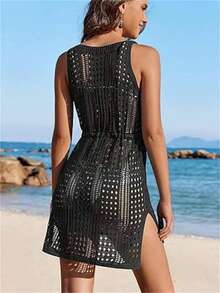 Beachwear Bikini Cover Up Sheer Knit Side Slit Dress Summer - Black - View 3