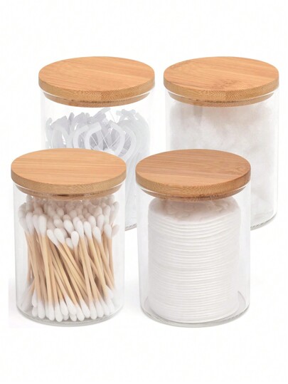 1/2/3/4/6 piezas Dispensador de hisopos con tapa de bambú, organizador redondo de almohadillas de algodón, para accesorios de baño, decoración de baño rústica, decoración de baño bohemia