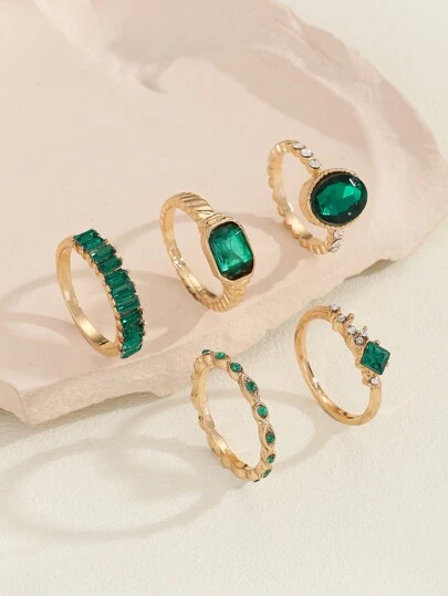 5 件装女士金色简约绿宝石戒指套装