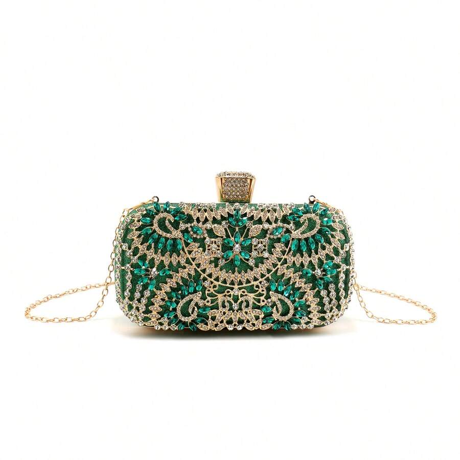 派對手提袋，金屬手柄鑲鑽晚禮服手拿包女士婚禮金色手拿包鏈條肩背小包