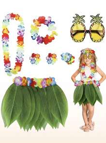 7 paquetes Accesorio de disfraz de falda de hula con hojas y flores hawaianas para fiesta de luau hawaiana para niños - Multicolor - Ver 2
